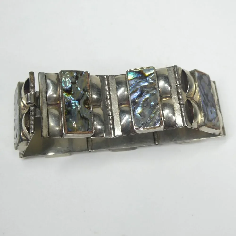 Mother of Pearl Panel Link Bracelet Abalone Sterling Silver Taxco Mexico Vintage
